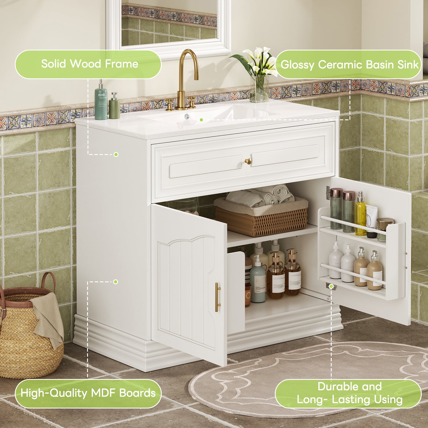 36" Luxurious Bathroom Vanity with Ceramic Sink, Bathroom Vanities Cabinet with 2 large Soft Closing Doors, Solid Wood Frame Bathroom Storage Cabinet