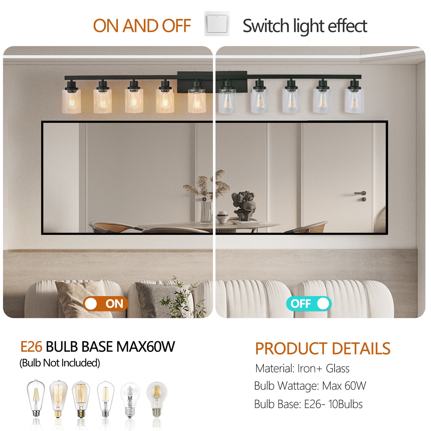 10 Light Bathroom Vanity Lights Over Mirror, 65.4inch Black Vanity Lights Fixtures Matte Black Modern Vanity Lights Black Bathroom Wall Lighting for Mirror Bedroom,Living Room