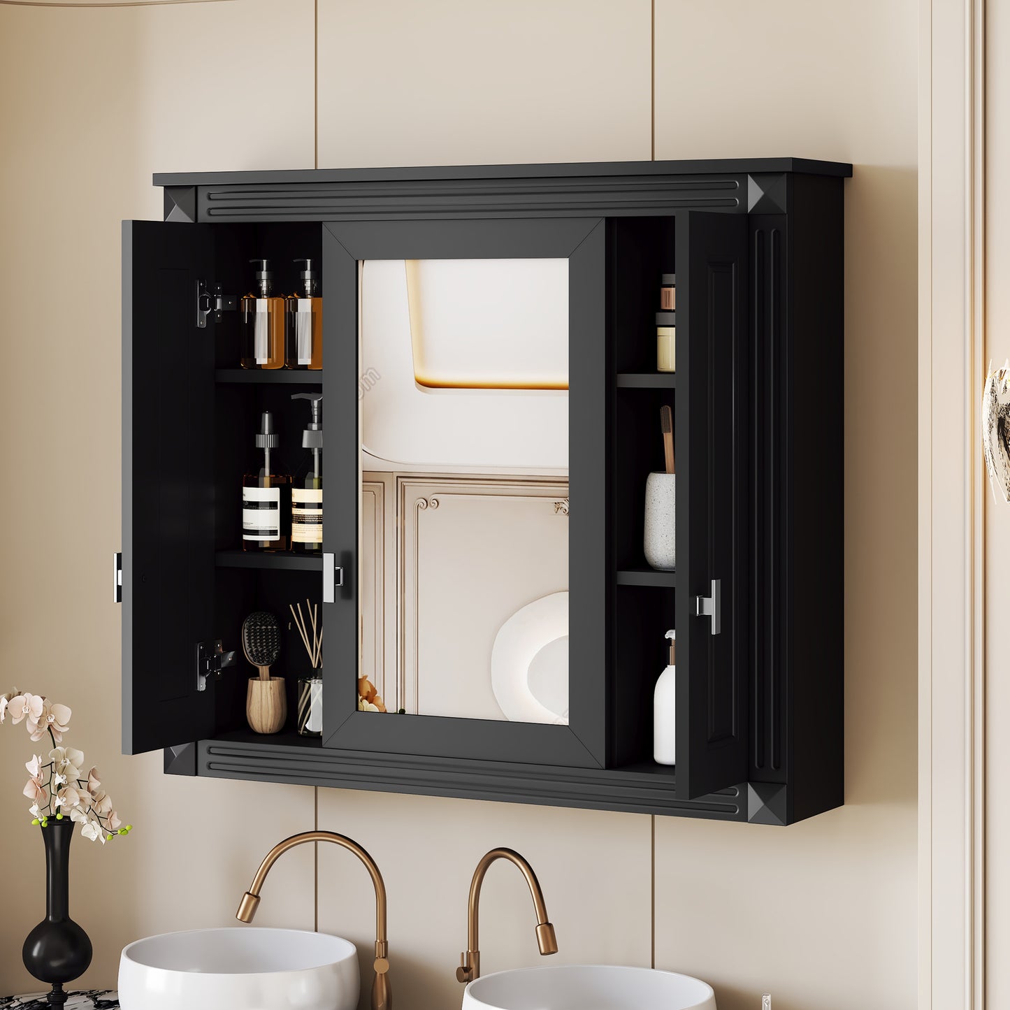 Bathroom Wall Cabinet with Mirror, Wall Mounted Medicine Cabinet with 4 Shelves, Mirrored Door Over Toilet Storage Cabinet