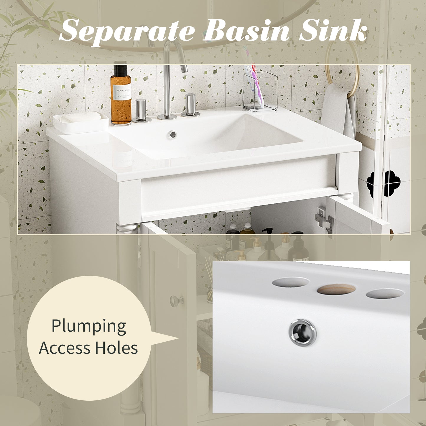 24'' Bathroom Vanity with Top Sink, 2-Tier Modern Bathroom Storage Cabinet, Single Sink Bathroom Vanity, Large Storage Shelves