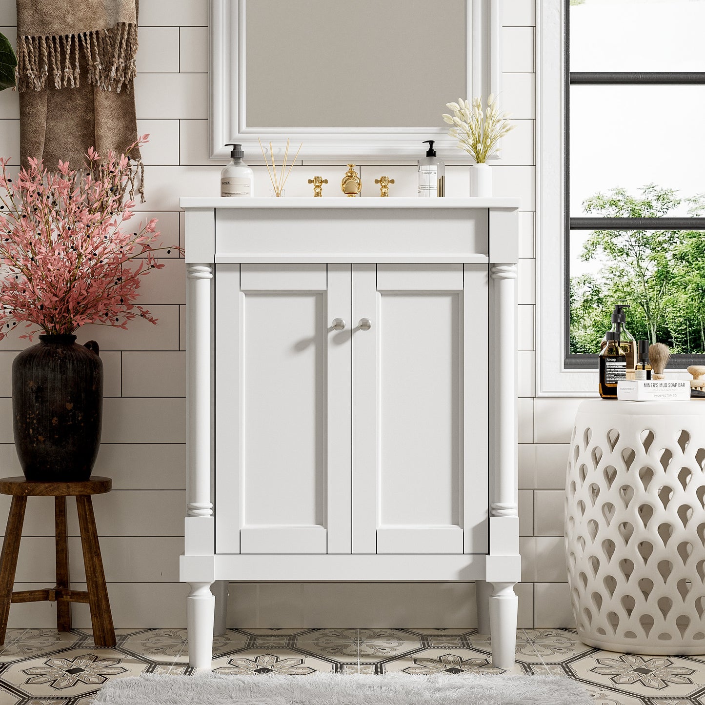 24'' Bathroom Vanity with Top Sink, 2-Tier Modern Bathroom Storage Cabinet, Single Sink Bathroom Vanity, Large Storage Shelves