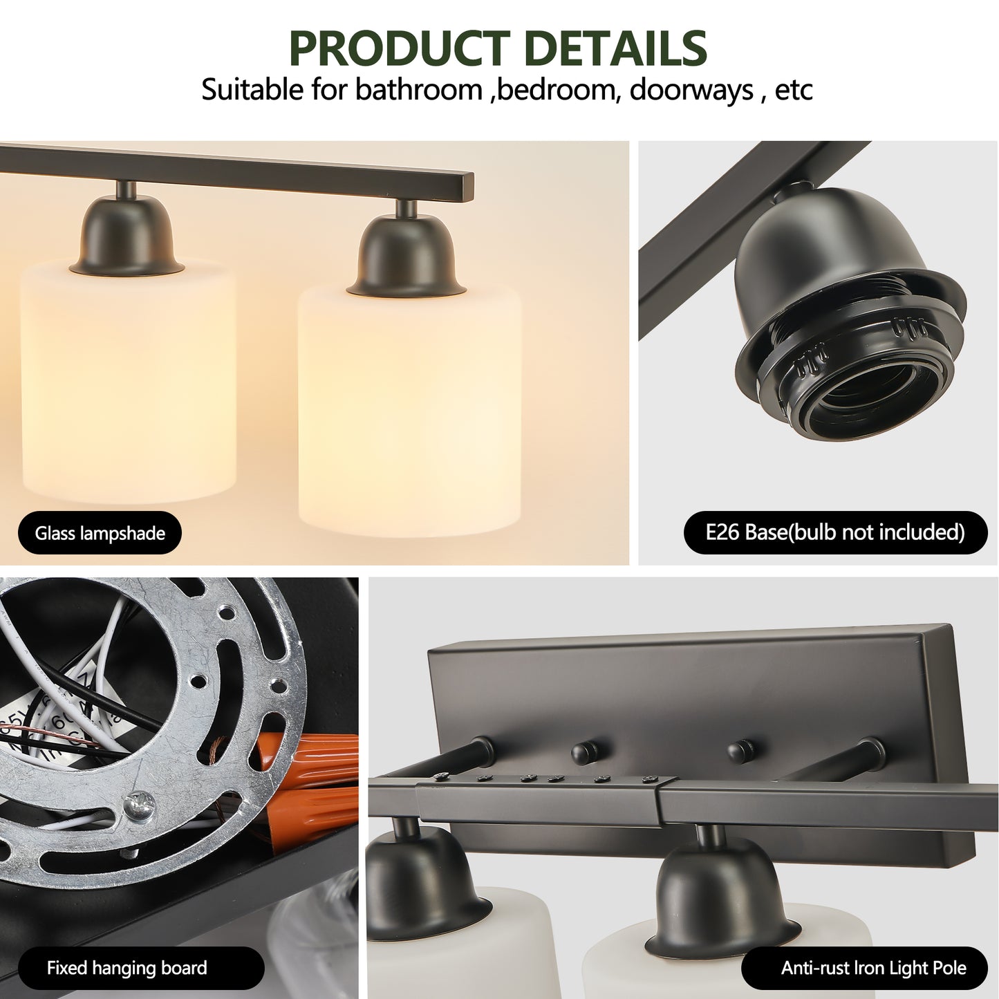 8-Light Bathroom Light Fixtures Over Mirror, 52inch Modern Matte Black Vanity Lights with White Frosted Glass Shade, Bathroom Wall Lamp Sconces for Mirror Bedroom, Living Room Hallway