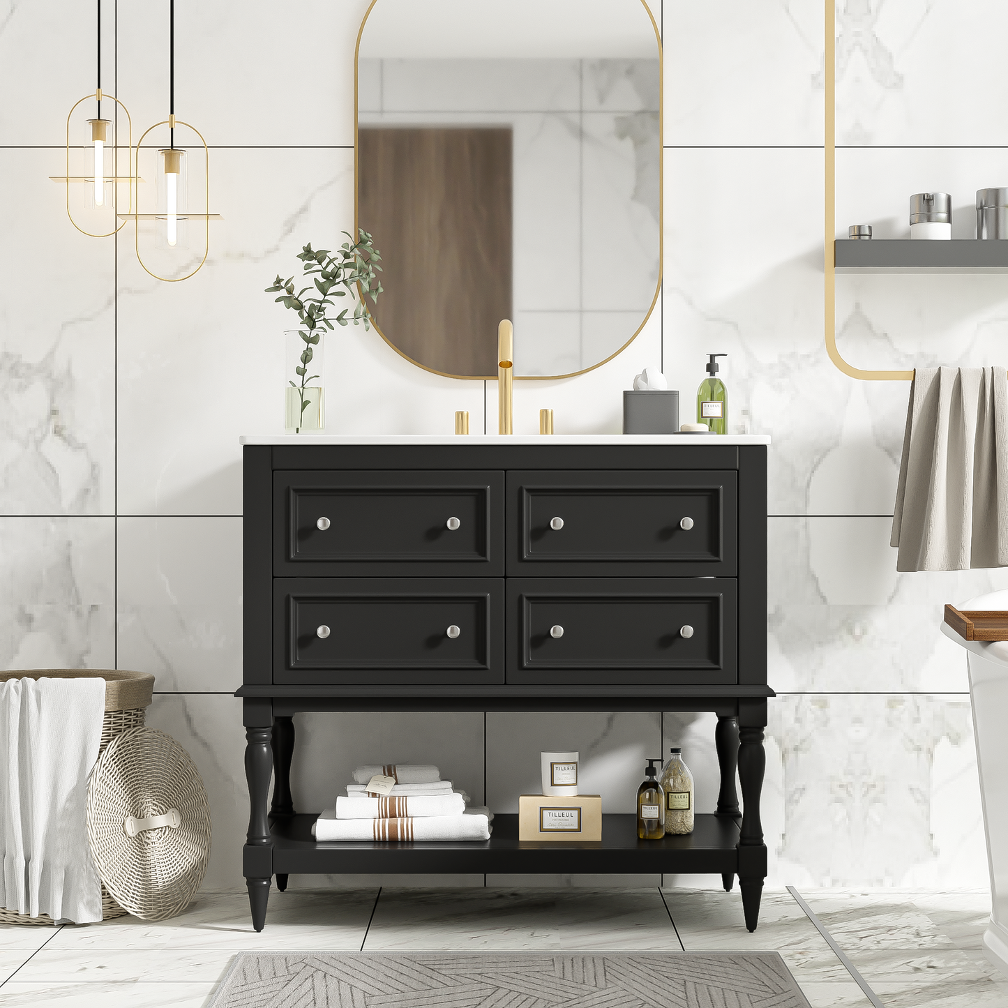 36" Bathroom Vanity Cabinet with Sink Combo Set, Undermount Ceramic Sink, Free Standing Vanity Set with 4 Drawers, Solid Wood Frame Bathroom Cabinet, Black