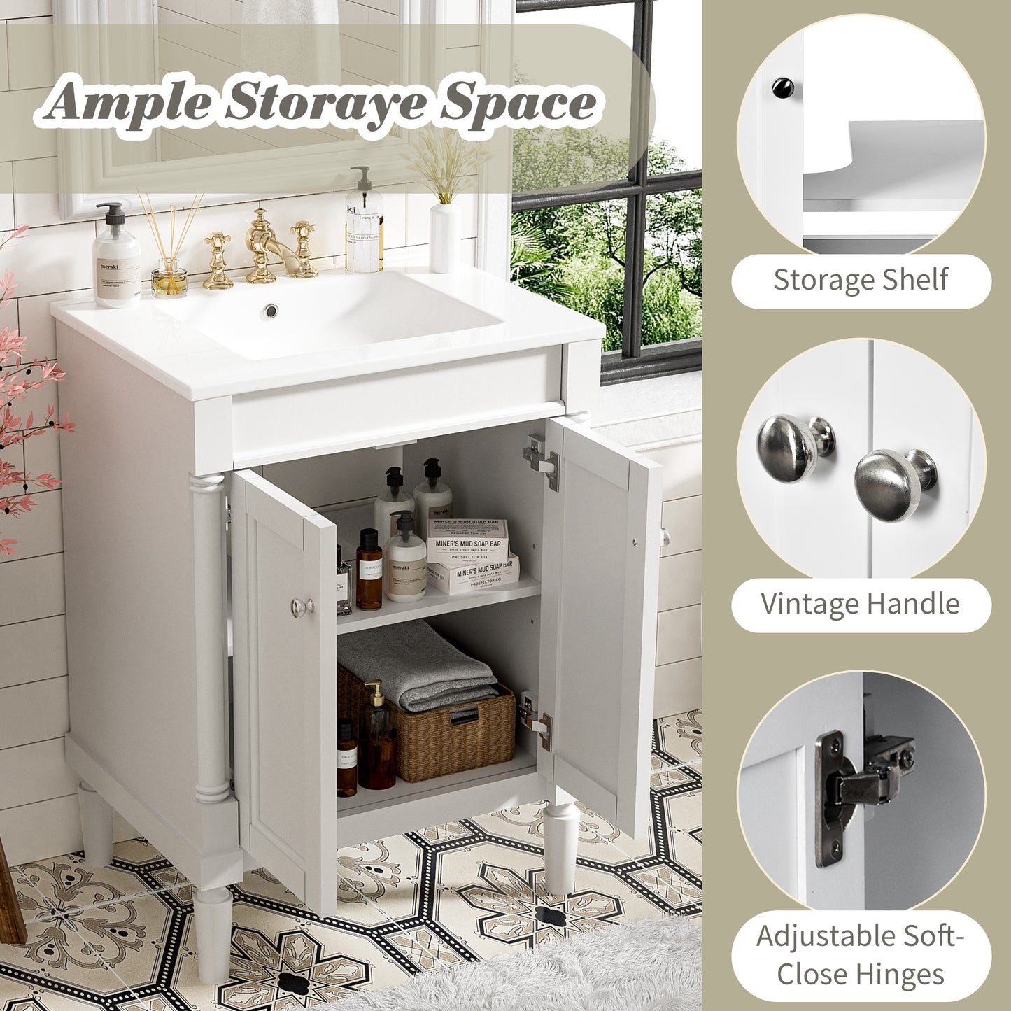 24'' Bathroom Vanity with Top Sink, 2-Tier Modern Bathroom Storage Cabinet, Single Sink Bathroom Vanity, Large Storage Shelves