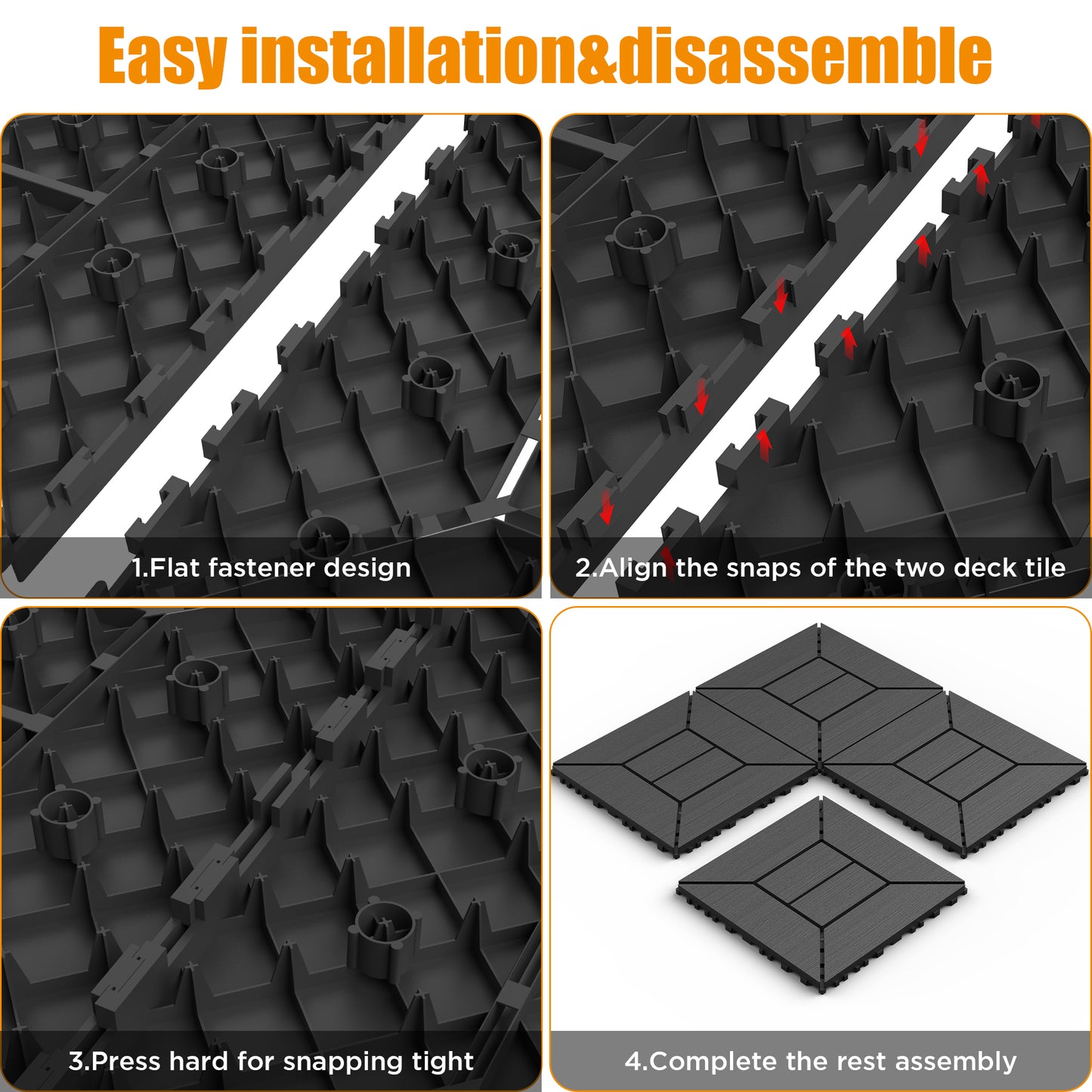 New 12 inch balcony deck tiles, DIY interlocking deck floor tiles, indoor and outdoor floor tiles, easy to install patio tiles, suitable for poolside balcony, backyard, 44 pieces dark gray