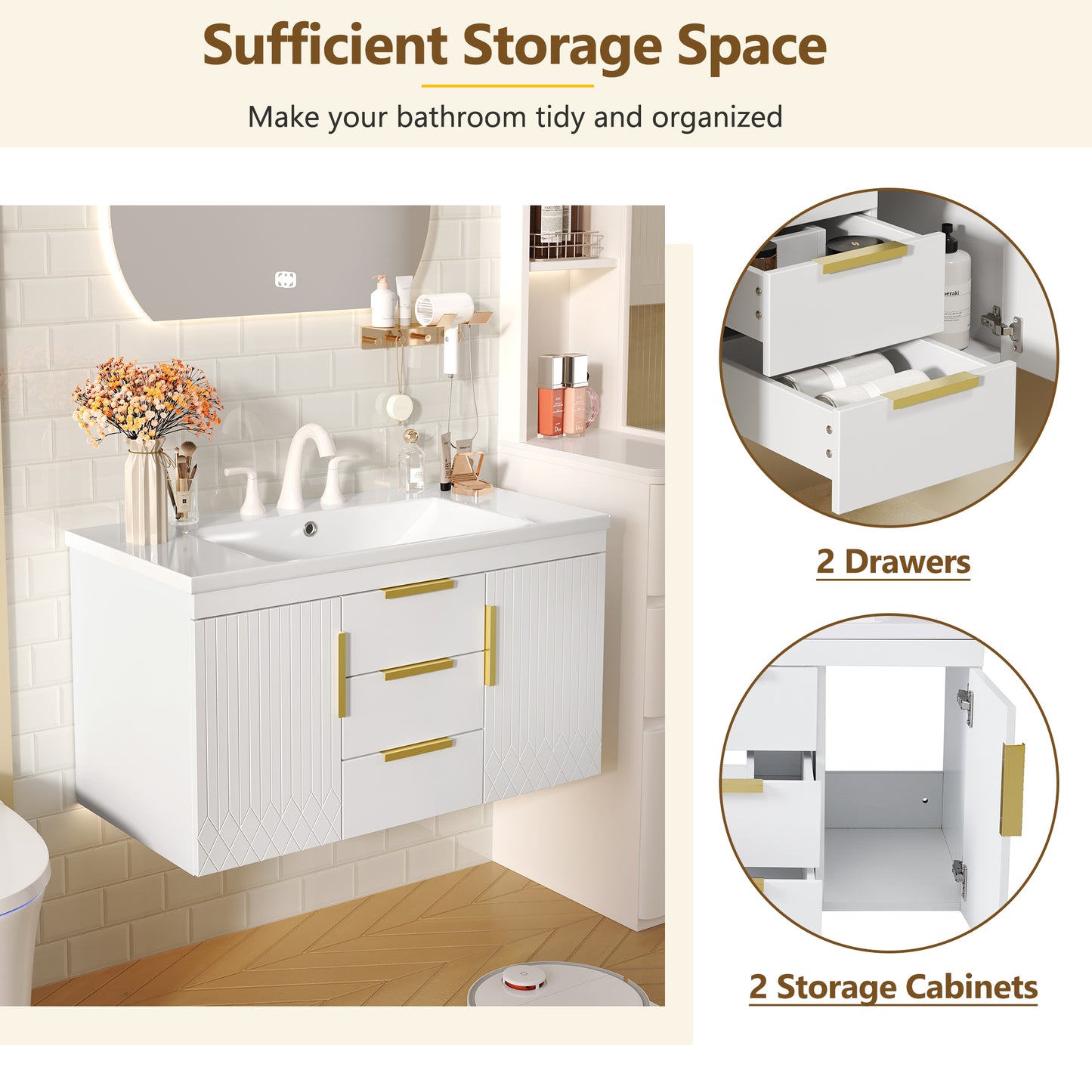 36'' Wall Mounted Bathroom Vanity, Floating Bathroom Storage Cabinet with 2 Drawers, Solid Wood Bathroom Cabinet