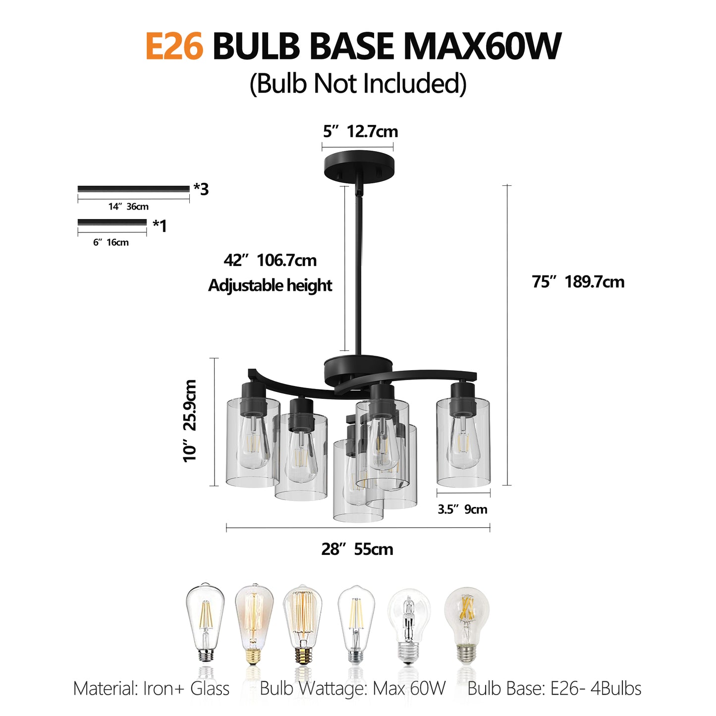 6-Light Modern Farmhouse Black Chandelier, Contemporary Dining Room Light Fixture, Adjustable Height Hanging Industrial Pendant Lights Kitchen Island, Clear Glass Shade