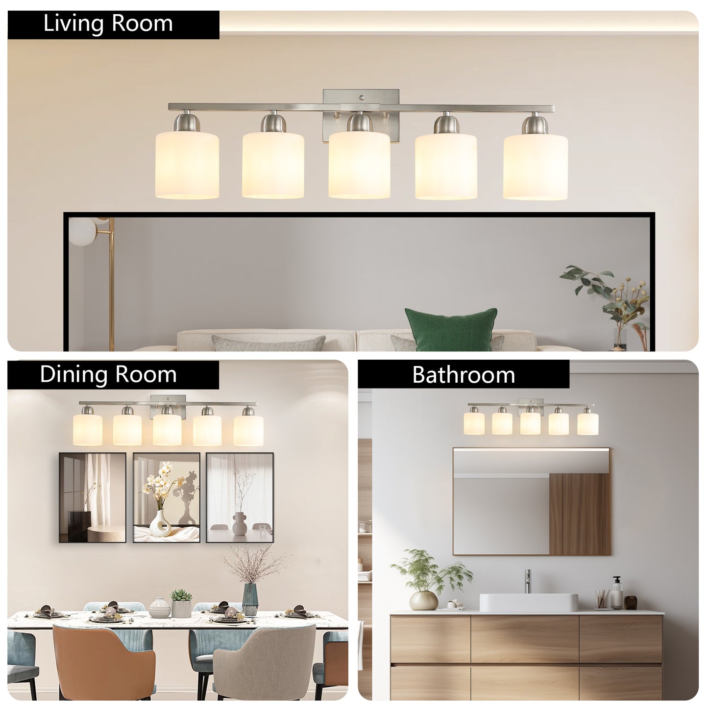 Brushed Nickel Bathroom Light Fixtures, 5-Light Modern Vanity Light Over Mirror, Wall Sconces with Milky White Frosted Glass Shades, E26 Socket (Bulbs Not Included)