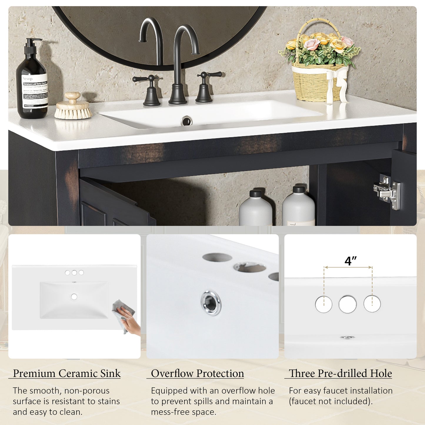 36 " Bathroom Vanity Organizer with Ceramic Sink, Set Bathroom Storage Cabinet, Vintage Espresso