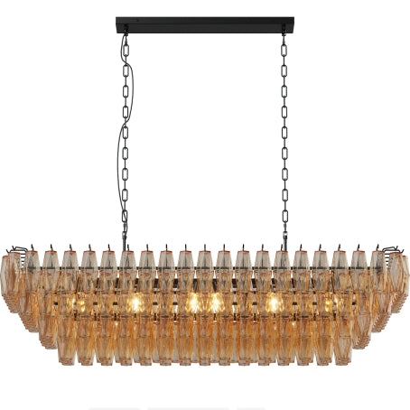 54" Black Rectangular Chandeliers for Dining Room, 12-Light 4 Tiered Large Smoke Glass Chandelier, Modern Kitchen Island Farmhouse Hanging Light Fixture for Living Room Foyer