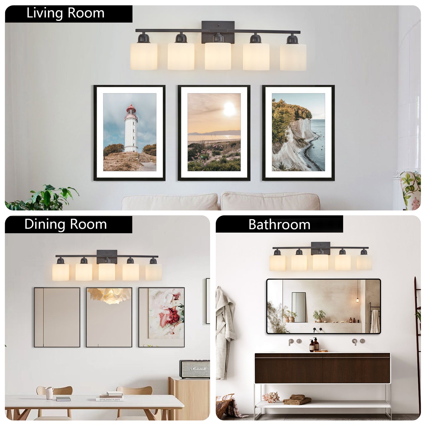 Black Bathroom Light Fixtures, 5-Light Modern Vanity Light Over Mirror, Wall Sconces with Milky White Frosted Glass Shades, E26 Socket (Bulbs Not Included)