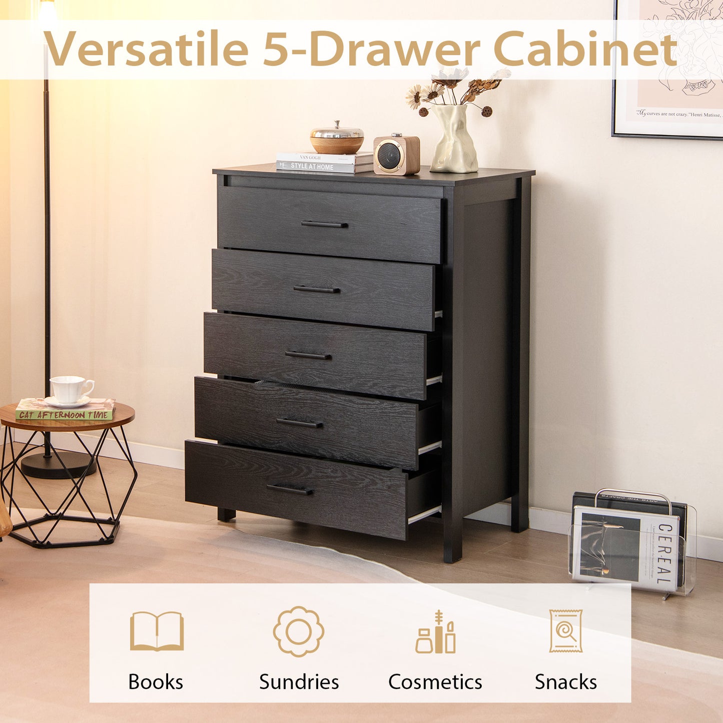 Modern 5-Drawer Multipurpose Chest Dresser with Metal Handles-Black