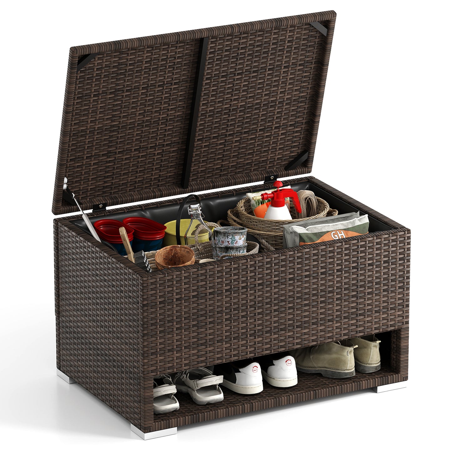 PE Rattan Storage Bin with Waterproof Liner for Patio Cushions