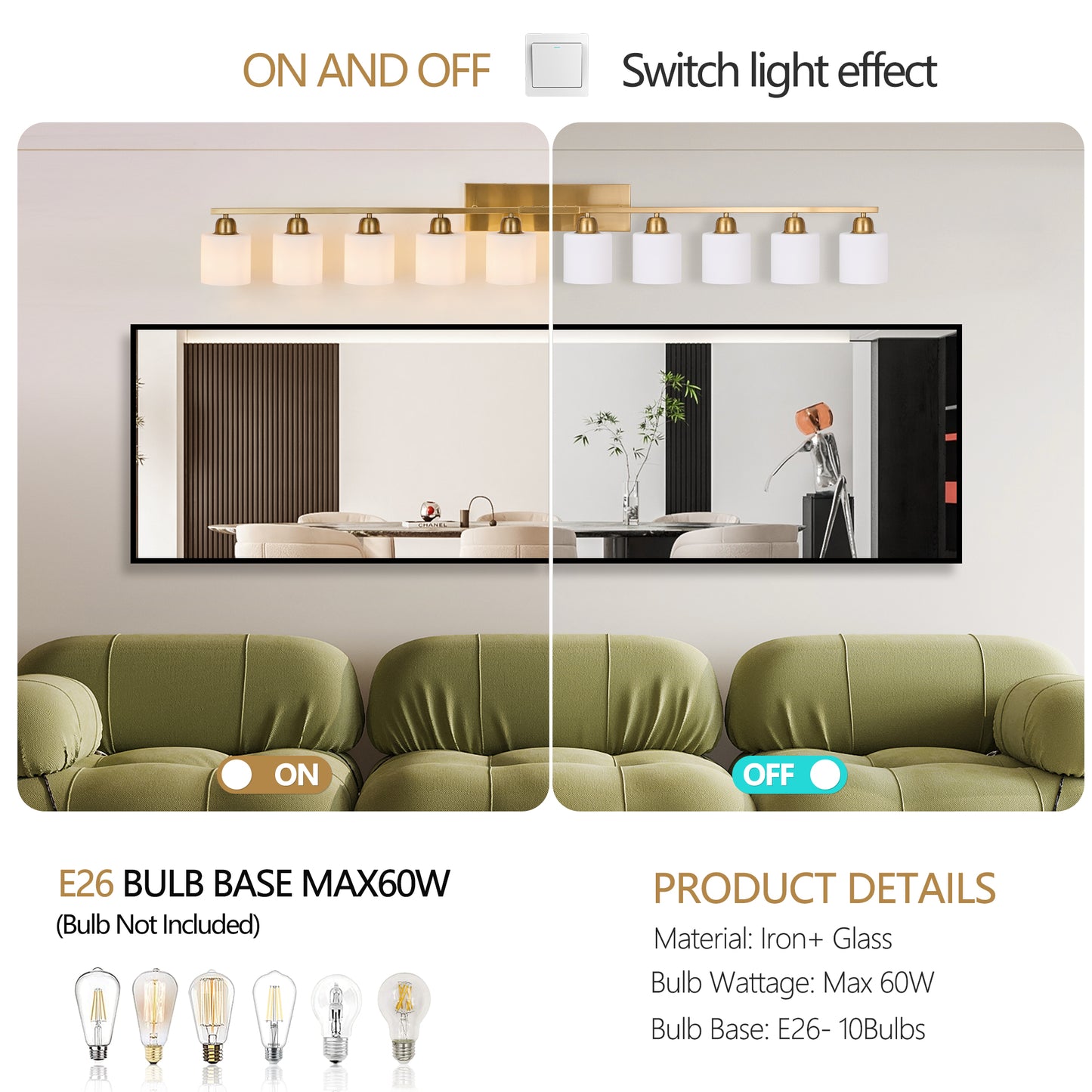 65inch Gold Bathroom Light Fixtures, Modern Bathroom Vanity Light with Milky White Glass Shade, Gold Wall Lamp Sconces for Mirror Bedroom, Living Room Hallway