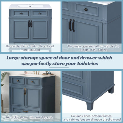 30'' Bathroom Vanity with Ceramic Sink,Solid Wood Frame Bathroom Storage Cabinet with Soft Closing Doors,Retro Style, Blue