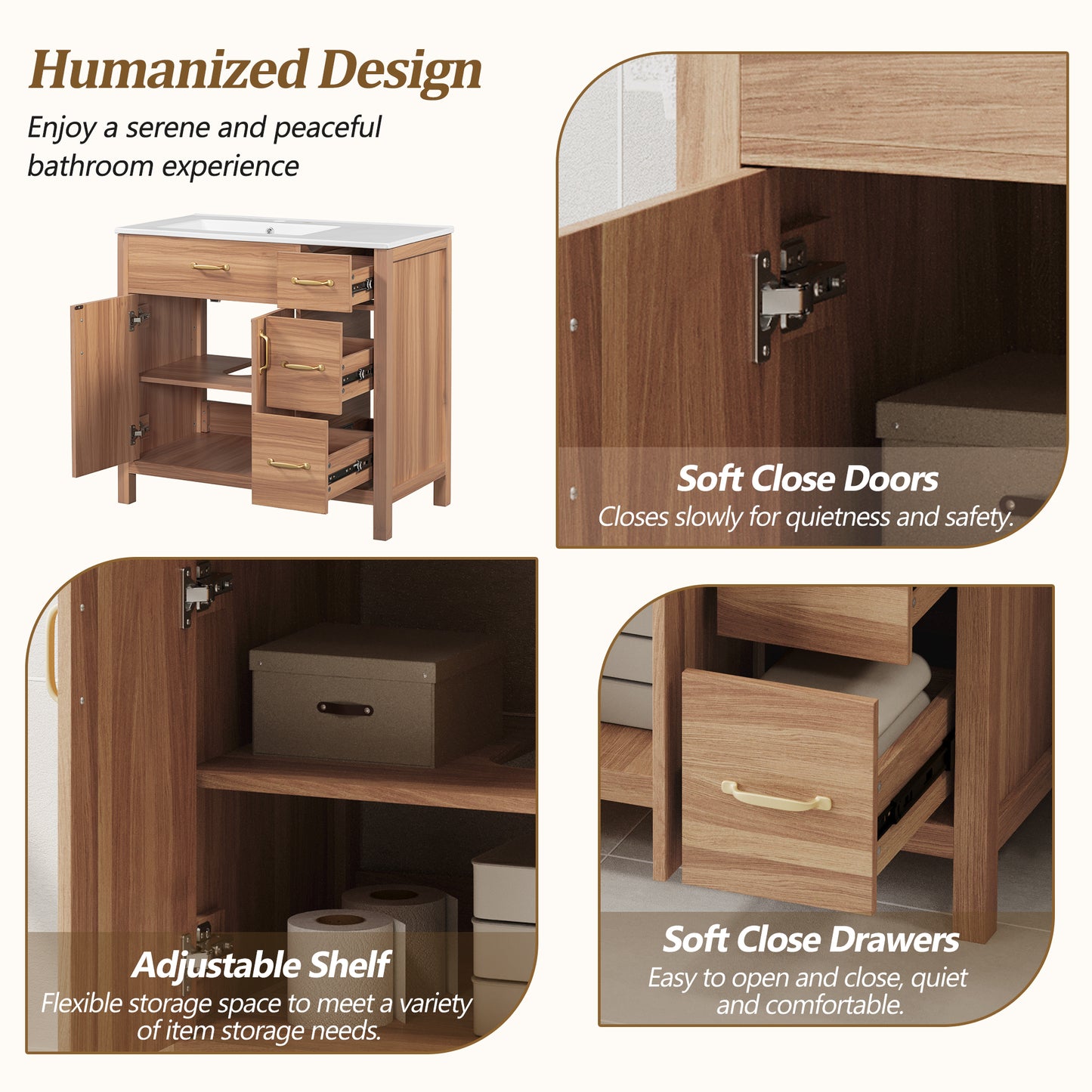 36" Wood Bathroom Vanity with Solid Wood Frame, 2 Soft Close Doors, 3 Soft Close Drawers, Adjustable Shelf, Modern Storage Cabinet for Small Bathrooms