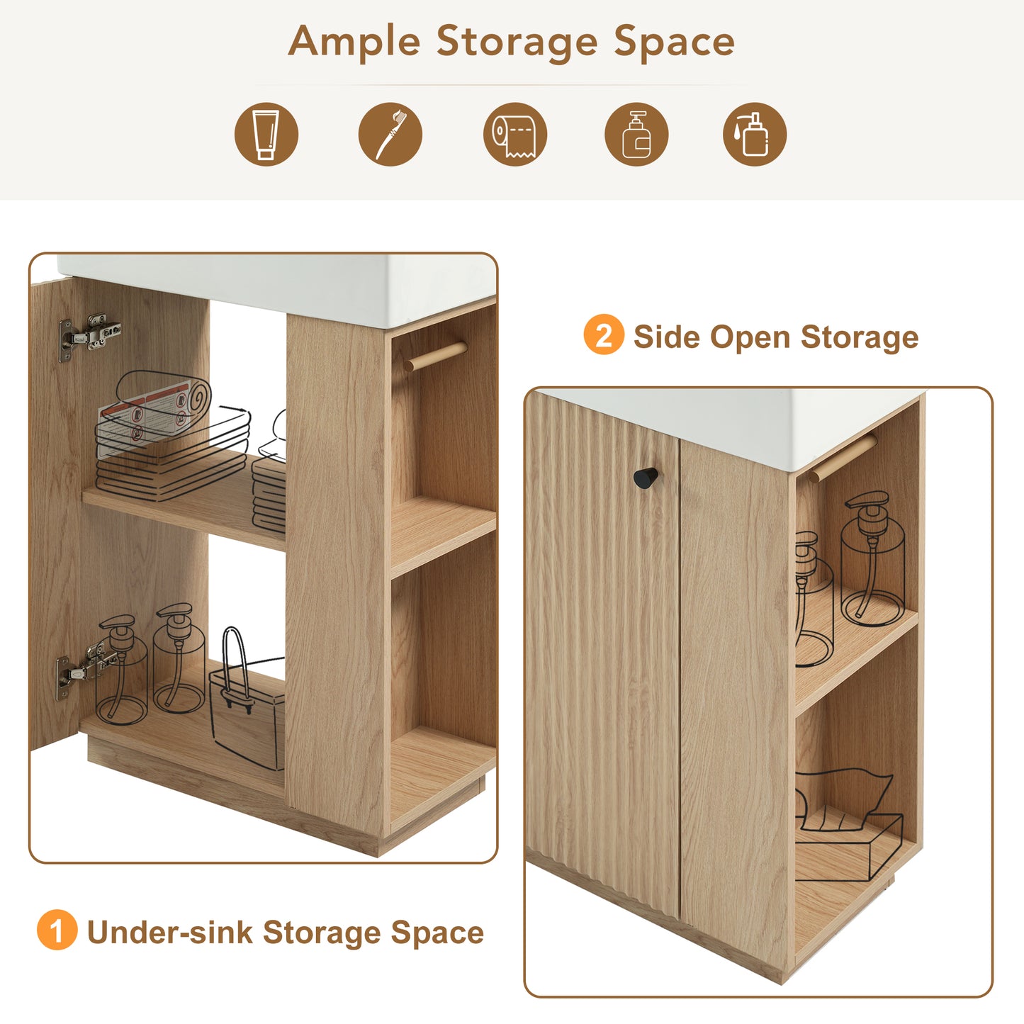 21.6" bathroom vanity with ceramic sink, freestanding modern left door wood grain cabinet with open and closed storage for small bathrooms