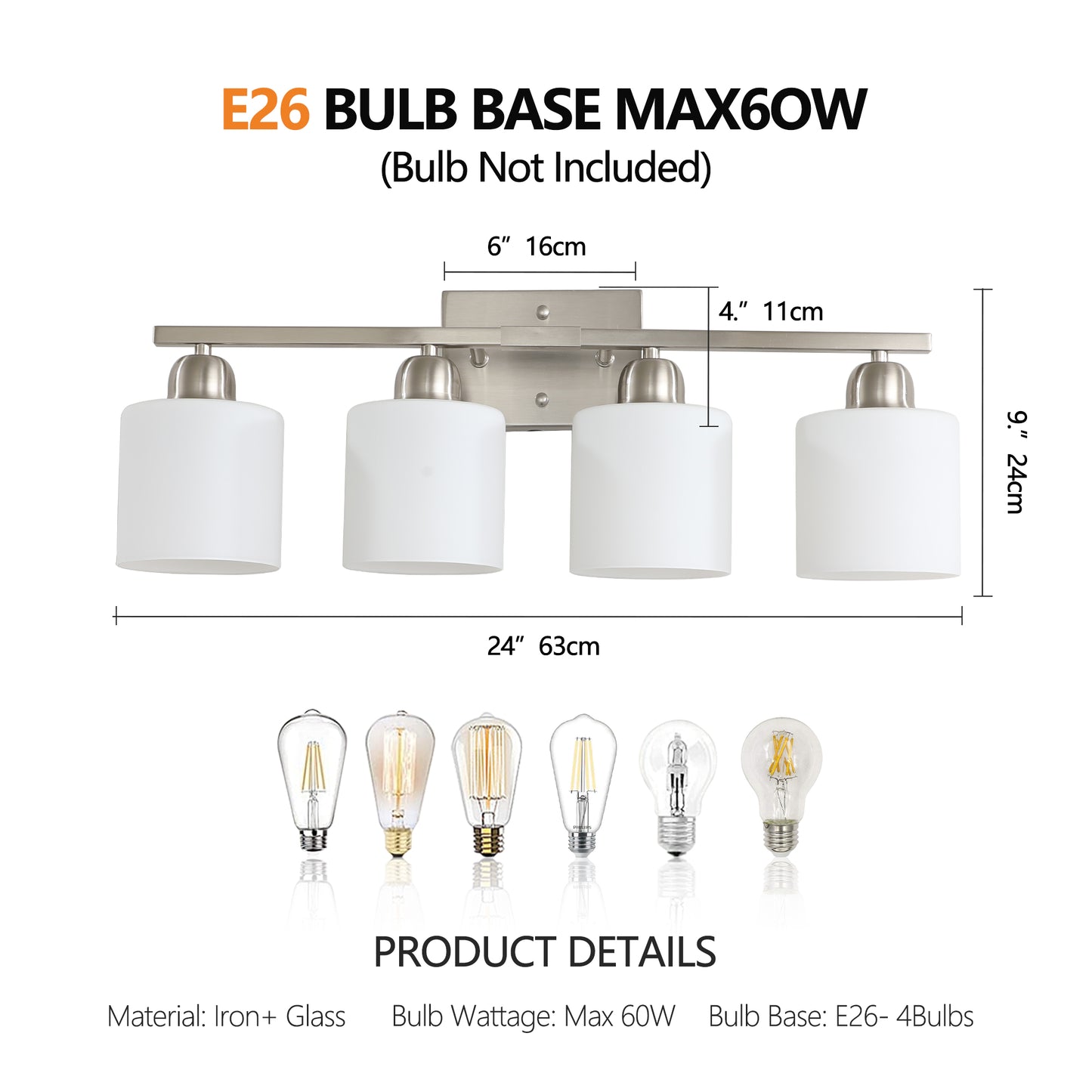 Brushed Nickel Bathroom Light Fixtures, 4-Light Modern Vanity Light Over Mirror, Wall Sconces with Milky White Frosted Glass Shades, E26 Socket (Bulbs Not Included)