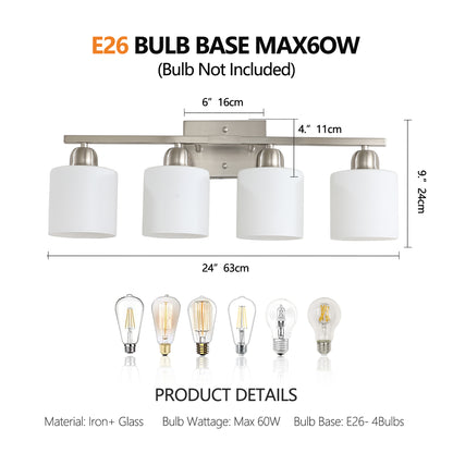 Brushed Nickel Bathroom Light Fixtures, 4-Light Modern Vanity Light Over Mirror, Wall Sconces with Milky White Frosted Glass Shades, E26 Socket (Bulbs Not Included)