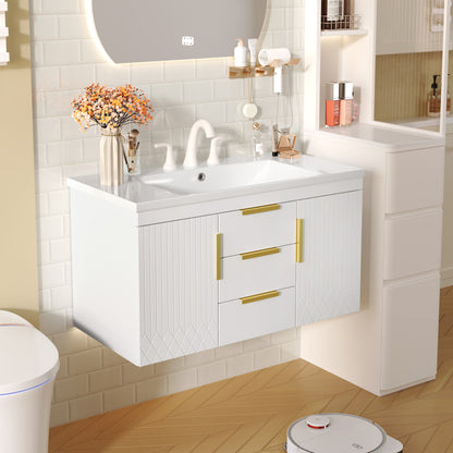 36'' Wall Mounted Bathroom Vanity, Floating Bathroom Storage Cabinet with 2 Drawers, Solid Wood Bathroom Cabinet