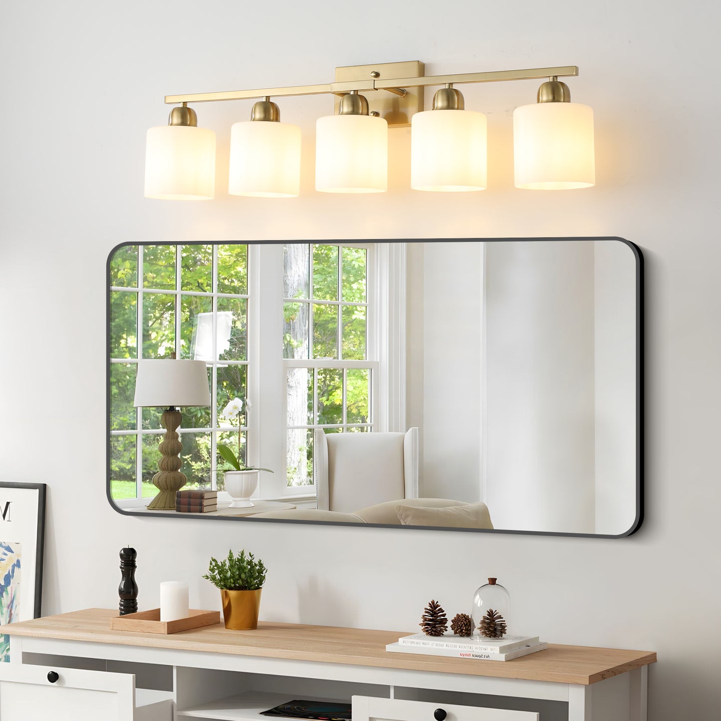 Gold Bathroom Light Fixtures, 5-Light Modern Vanity Light Over Mirror, Wall Sconces with Milky White Frosted Glass Shades, E26 Socket (Bulbs Not Included)