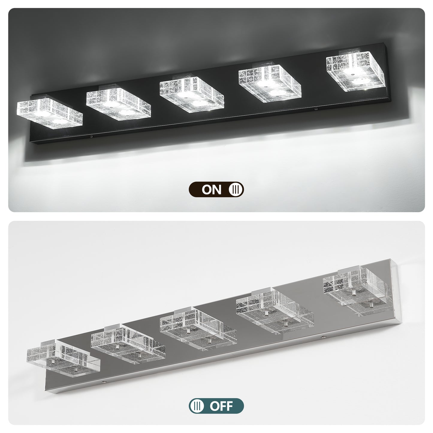 31" Modern Chrome 5-Light LED Vanity Light, Square Acrylic Lampshades Wall Mount Fixture for Bathroom, Mirror Lighting