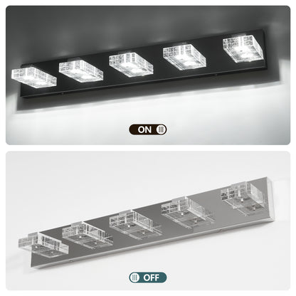 31" Modern Chrome 5-Light LED Vanity Light, Square Acrylic Lampshades Wall Mount Fixture for Bathroom, Mirror Lighting