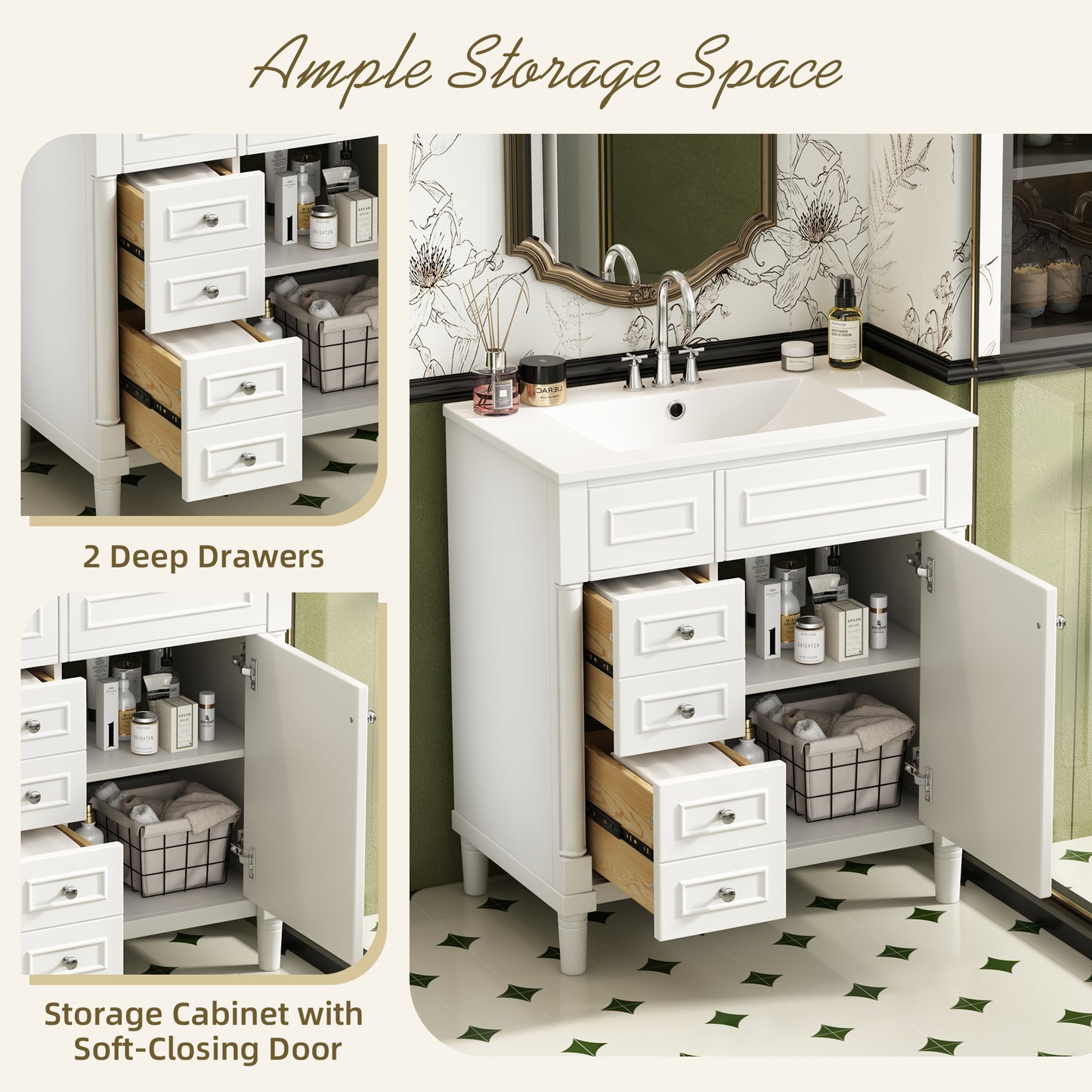 30" Bathroom Vanity with Sink, Freestanding Bathroom Storage Vanity Cabinet w/Soft-Closing Door, Bathroom Cabinet with 2 Drawers