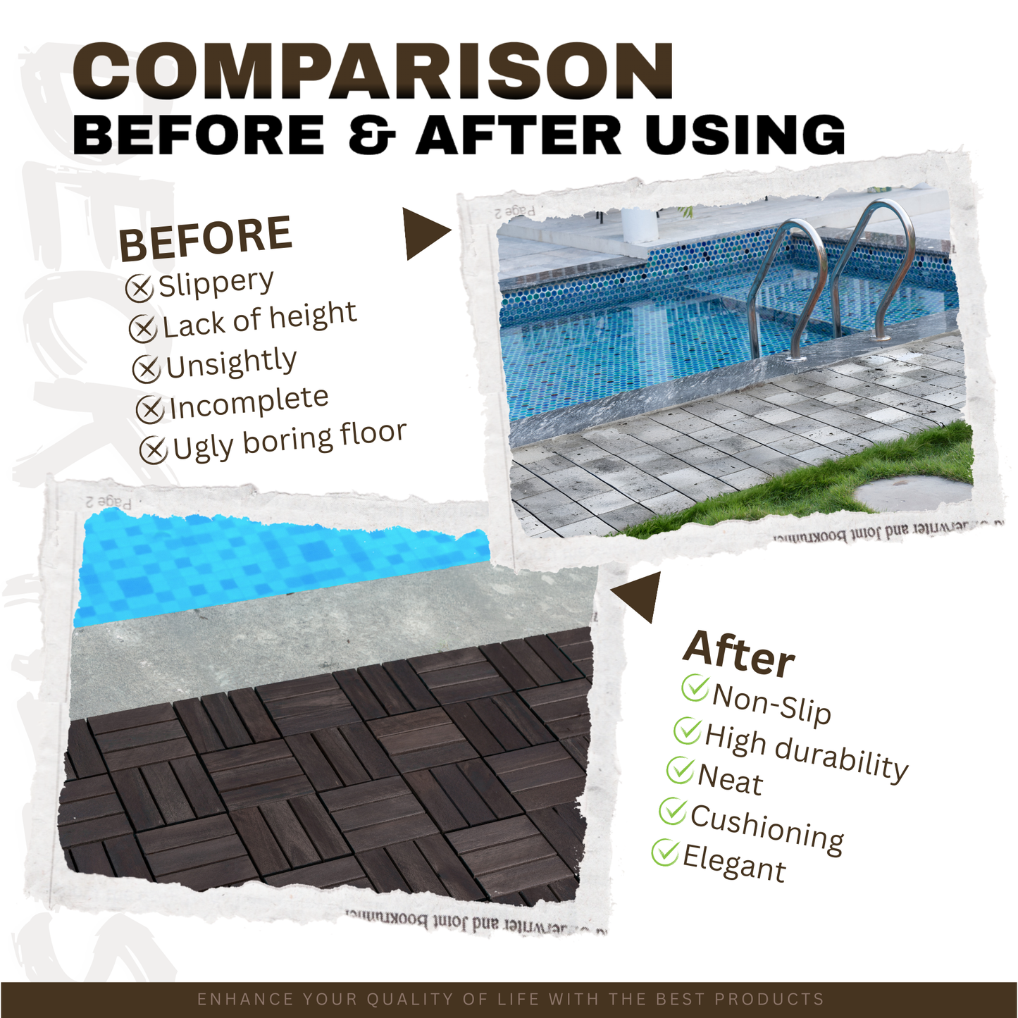 Acacia Wood Interlocking Deck Tiles Checker Pattern, 30 PCS  12" x 12" Dark Brown Square Acacia Hardwood Outdoor Flooring for Patio, Bancony, Pool Side