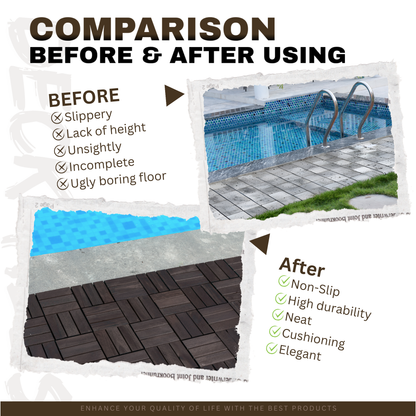 Acacia Wood Interlocking Deck Tiles Checker Pattern, 30 PCS  12" x 12" Dark Brown Square Acacia Hardwood Outdoor Flooring for Patio, Bancony, Pool Side