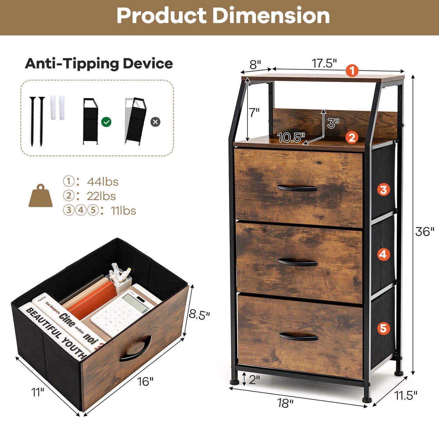 Freestanding Cabinet Dresser with Wooden Top Shelves-M
