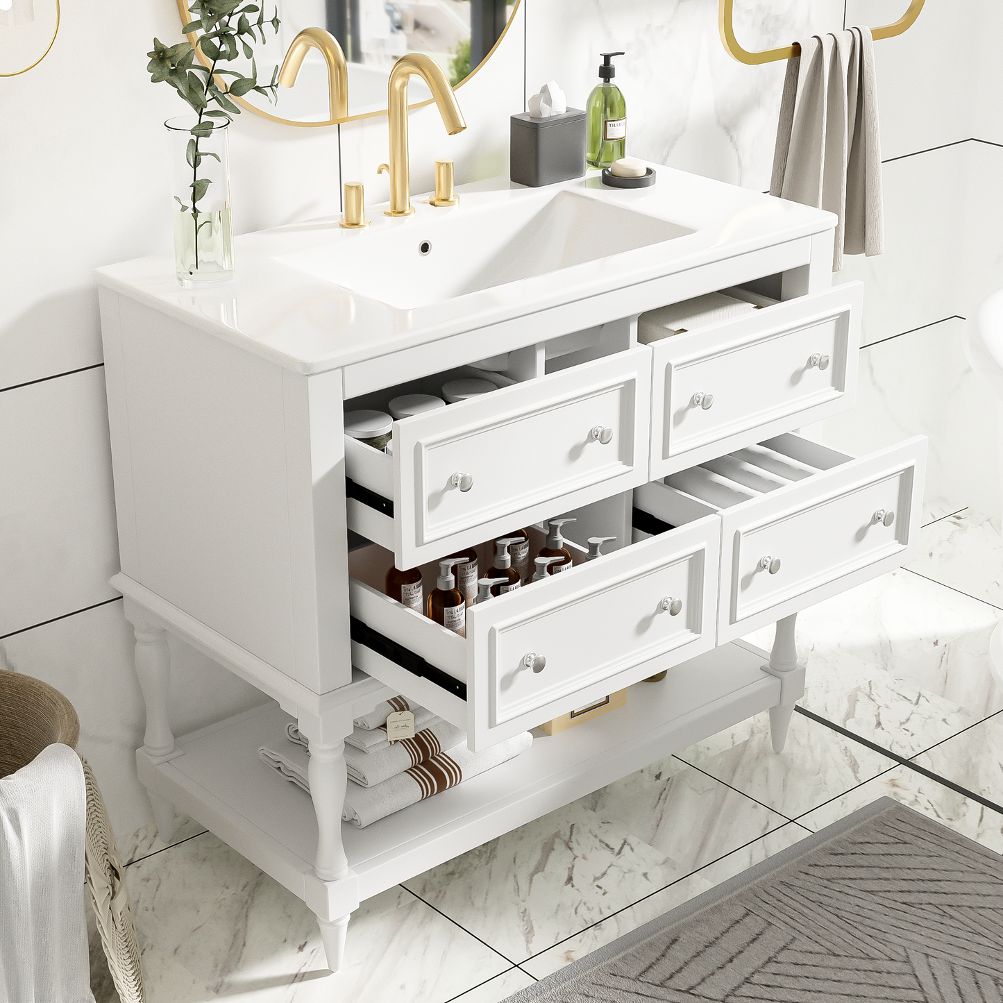 36" Bathroom Vanity Cabinet with Sink Combo Set, Undermount Ceramic Sink, Free Standing Vanity Set with 4 Drawers, Solid Wood Frame Bathroom Cabinet, White