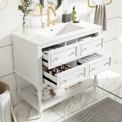 36" Bathroom Vanity Cabinet with Sink Combo Set, Undermount Ceramic Sink, Free Standing Vanity Set with 4 Drawers, Solid Wood Frame Bathroom Cabinet, White