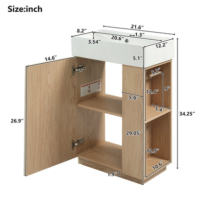 21.6" bathroom vanity with ceramic sink, freestanding modern left door wood grain cabinet with open and closed storage for small bathrooms