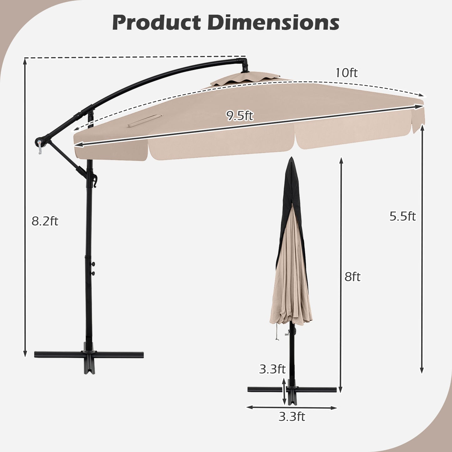 10 Feet Patio Cantilever Umbrella with Cover Tilt Adjustment and Ruffled Edge-Beige