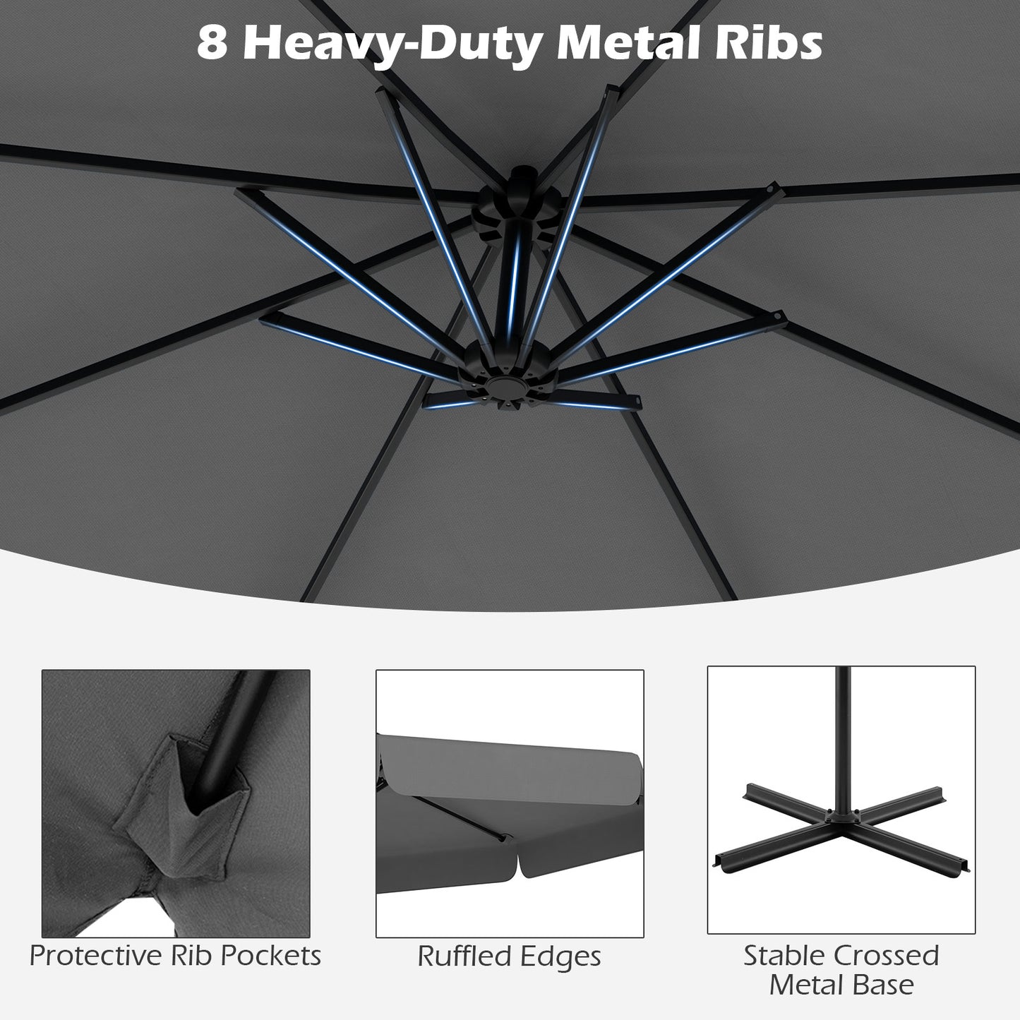10 Feet Patio Cantilever Umbrella with Cover Tilt Adjustment and Ruffled Edge-Gray