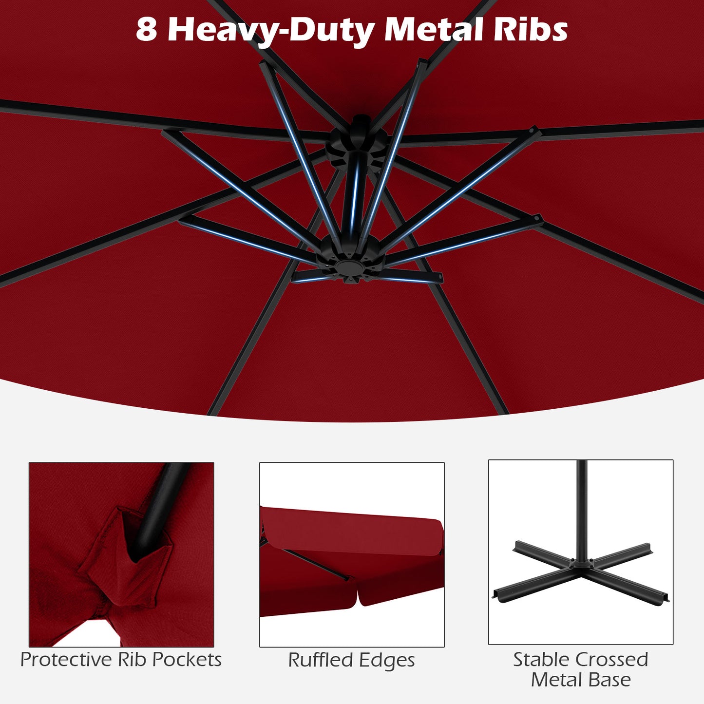 10 Feet Patio Cantilever Umbrella with Cover Tilt Adjustment and Ruffled Edge-Wine