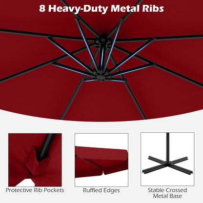 10 Feet Patio Cantilever Umbrella with Cover Tilt Adjustment and Ruffled Edge-Wine
