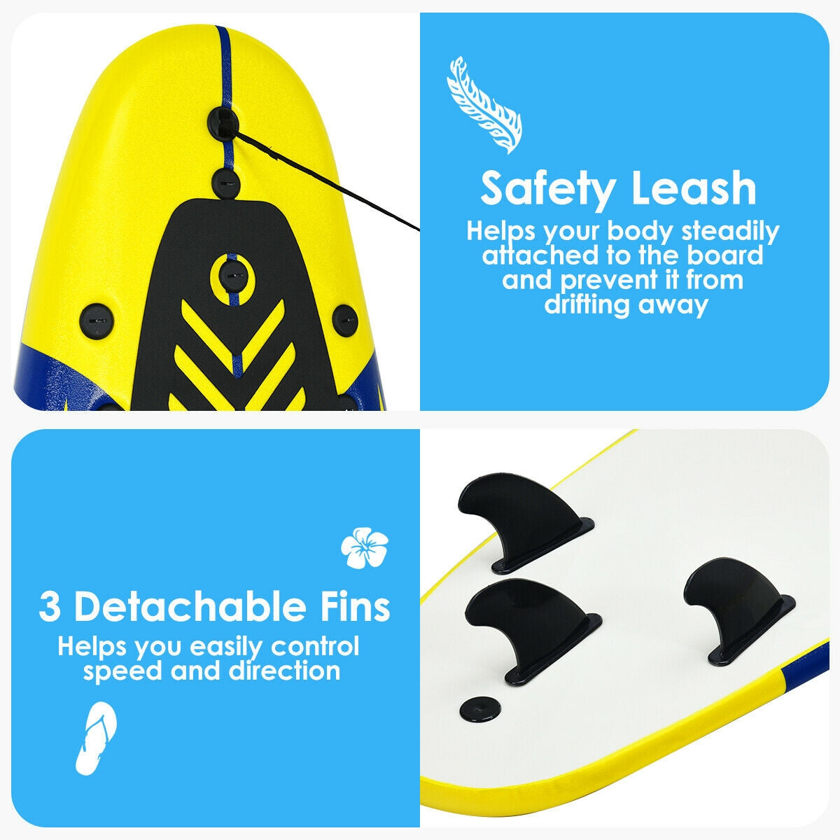 6 Feet Surfboard with 3 Detachable Fins-Yellow