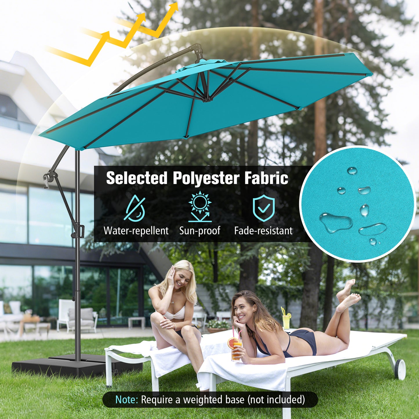 10 Feet Offset Hanging Umbrella with Base and Infinite Tilt-Turquoise