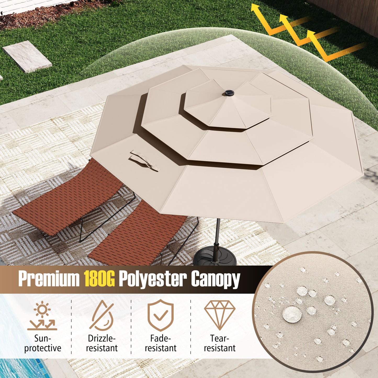 10 Feet Solar Patio Umbrella with 32 LED Lights 3-Tier Vented Top-Beige