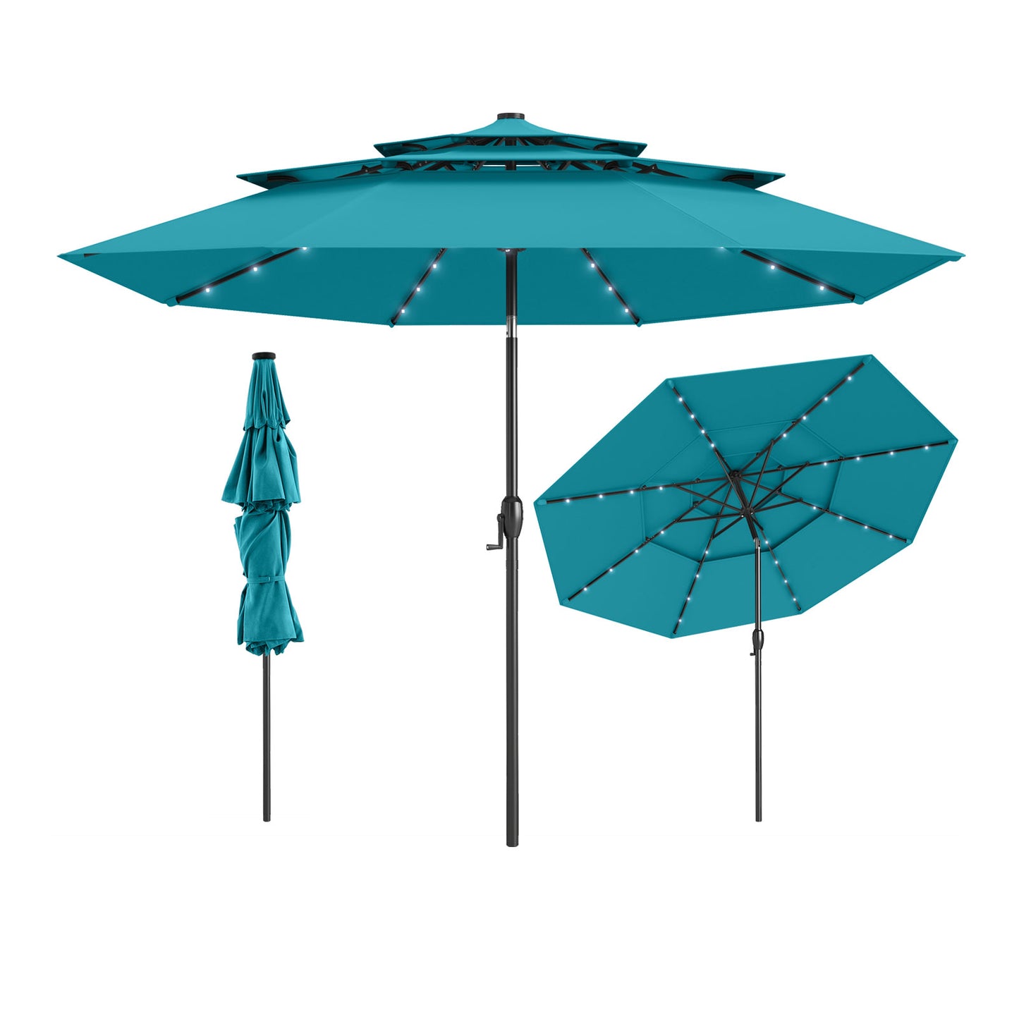 10 Feet Solar Patio Umbrella with 32 LED Lights 3-Tier Vented Top-Turquoise