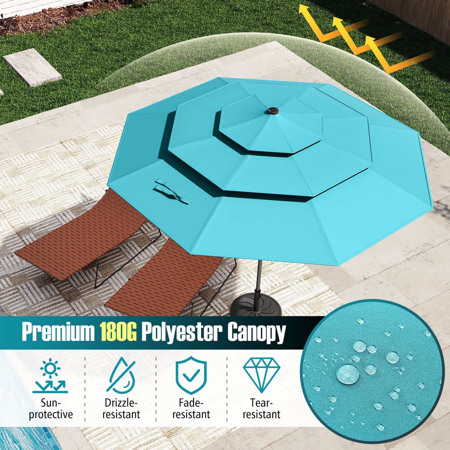 10 Feet Solar Patio Umbrella with 32 LED Lights 3-Tier Vented Top-Turquoise