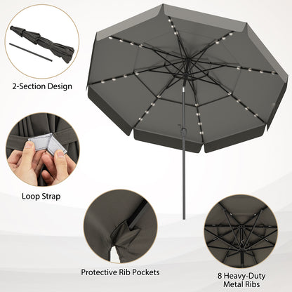 10 Feet Solar Patio Umbrella with 3-Tier Vented Top-Gray