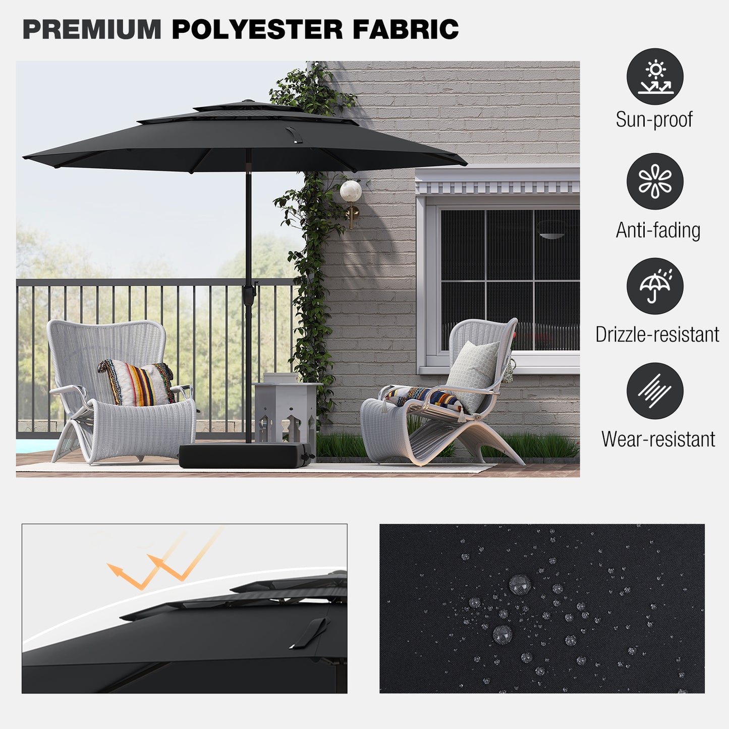 10 ft 3-tier Vented Patio Umbrella with Push Button Tilt-Black