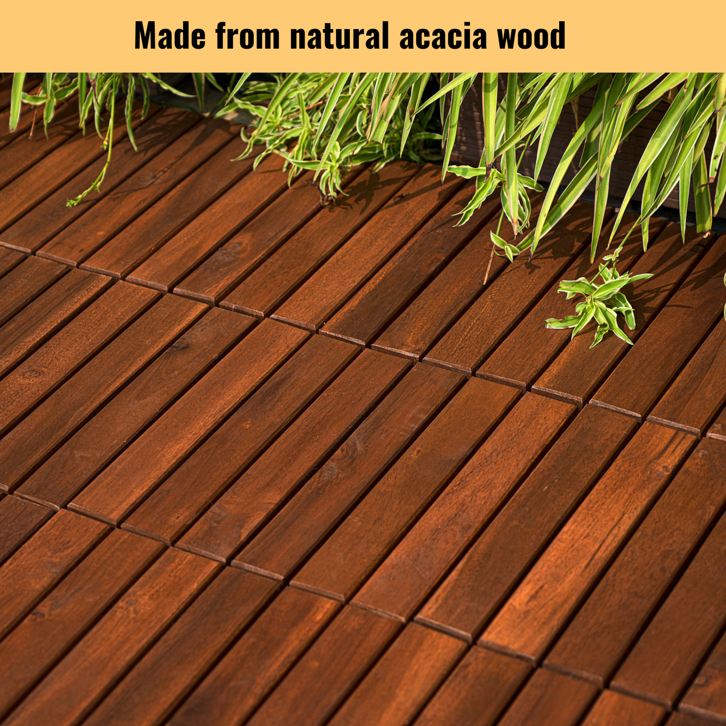 10 PCS Interlocking Deck Tiles Striped Pattern, 12" x 12" Square Acacia Hardwood Outdoor Flooring for Patio, Bancony, Pool Side