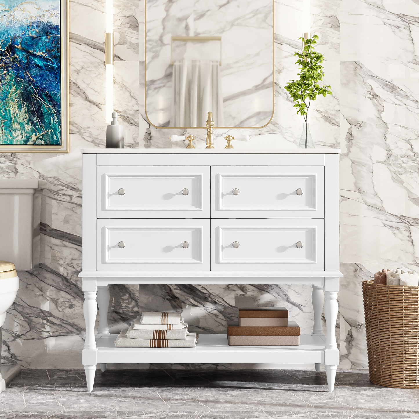 36" Bathroom Vanity Cabinet with Sink Combo Set, Undermount Ceramic Sink, Free Standing Vanity Set with 4 Drawers, Solid Wood Frame Bathroom Cabinet, White