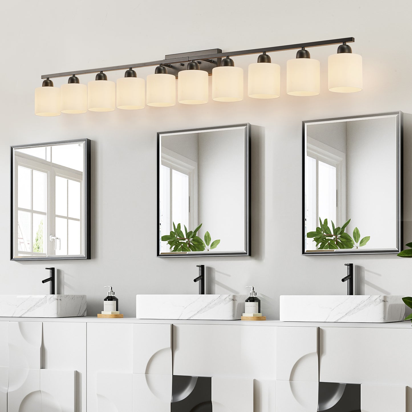 10 Light Bathroom Vanity Lights Over Mirror, 65.4 inch Black Vanity Lights Fixtures with White Glass Shades Matte Black Modern Vanity Lights Black Bathroom Wall Lighting for Mirror Bedroom