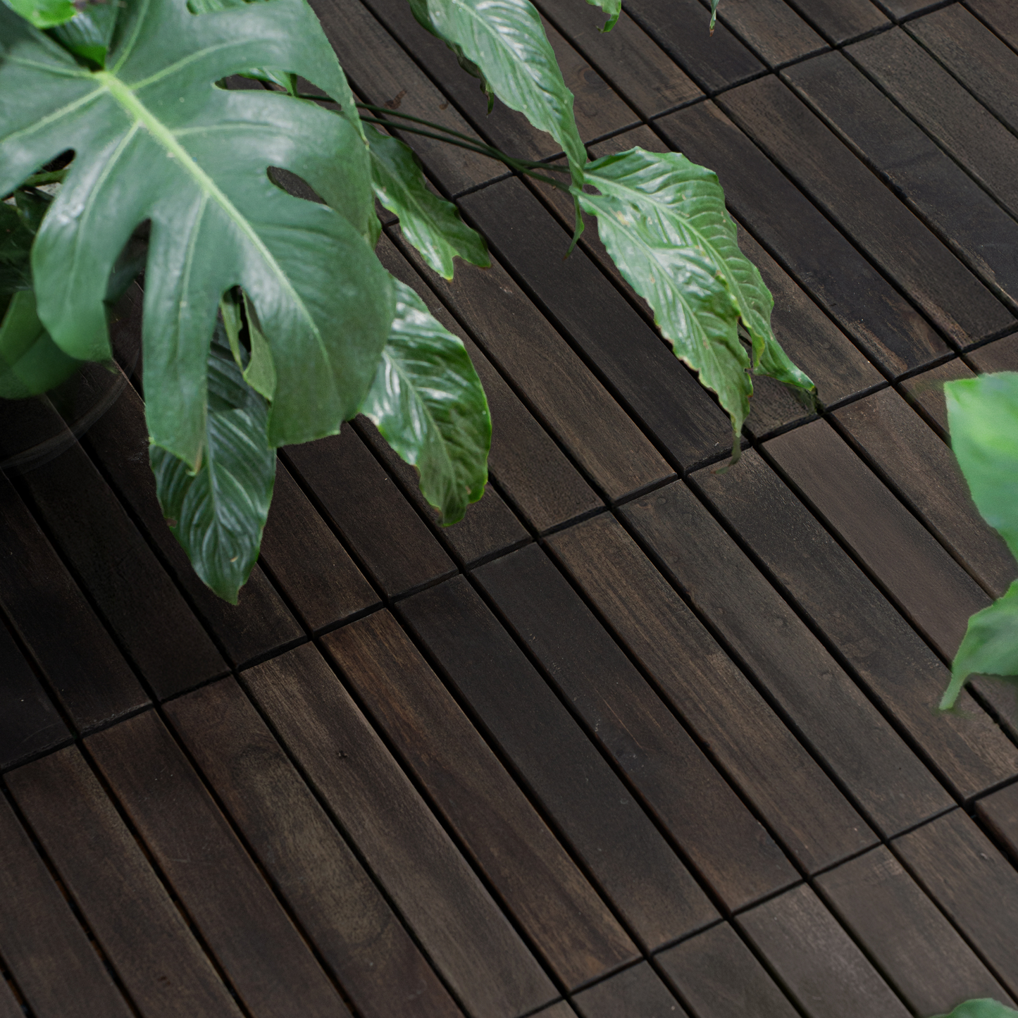 10 PCS Interlocking Deck Tiles Striped Pattern, 12" x 12" Dark Brown Square Acacia Hardwood Outdoor Flooring for Patio, Bancony, Pool Side
