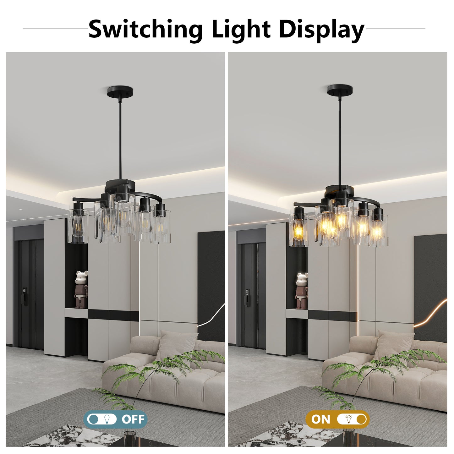 6-Light Modern Farmhouse Black Chandelier, Contemporary Dining Room Light Fixture, Adjustable Height Hanging Industrial Pendant Lights Kitchen Island, Clear Glass Shade